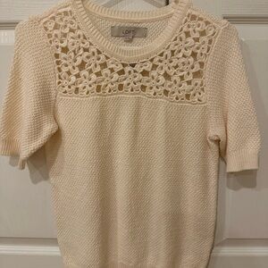 NWT LOFT Cream Crochet Yoke Short Sleeve Crew Sweater